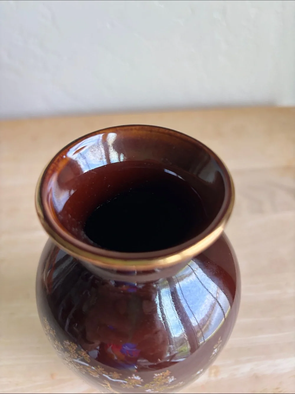 Vintage Japanese Burgundy Ceramic Peacock Accent Vase with Gold Floral Detail